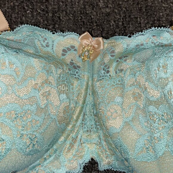 38H*DLV*Lacy Blue-Green/Beige Balconette Lightly Lined Bra - Picture 3 of 8
